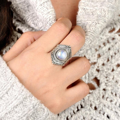 Lunar Embrace Geometric Moonstone Ring