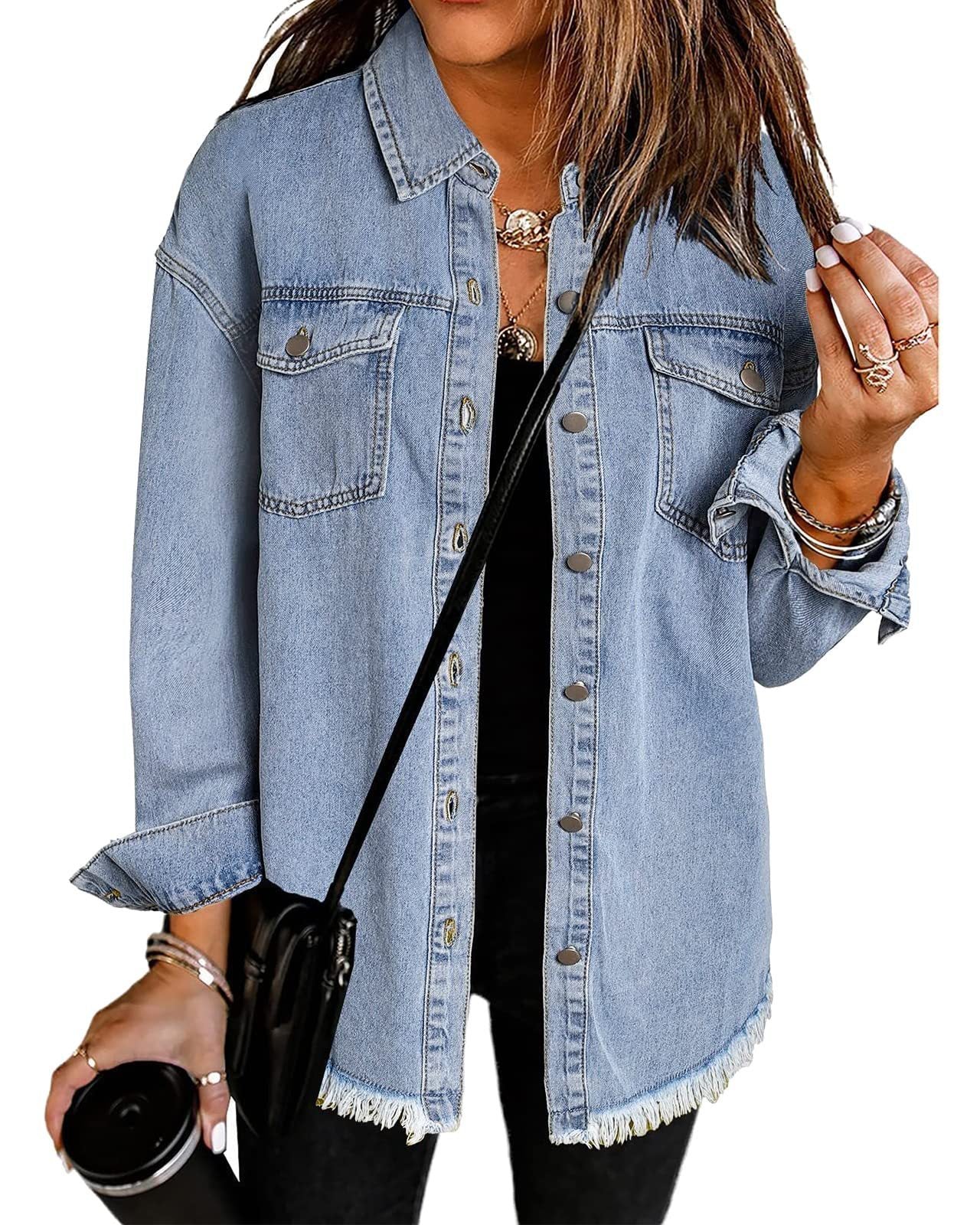 Ethereal Charm Denim Button-Up Jacket (Light Blue)