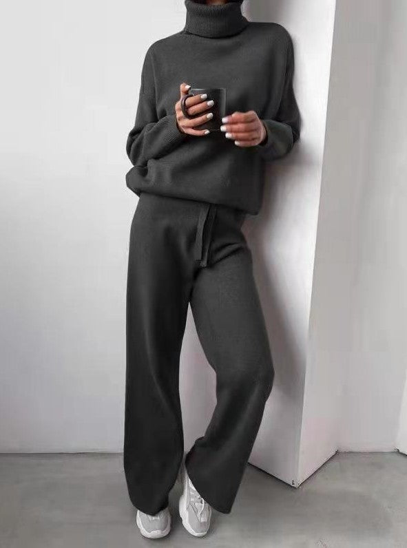 Timeless Turtleneck Drawstring Straight-Leg Pants Set (Light Grey)