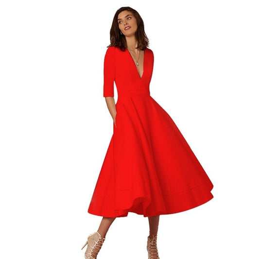 V-neck Dresses - Retro 60s Swing Sleeve (Red)