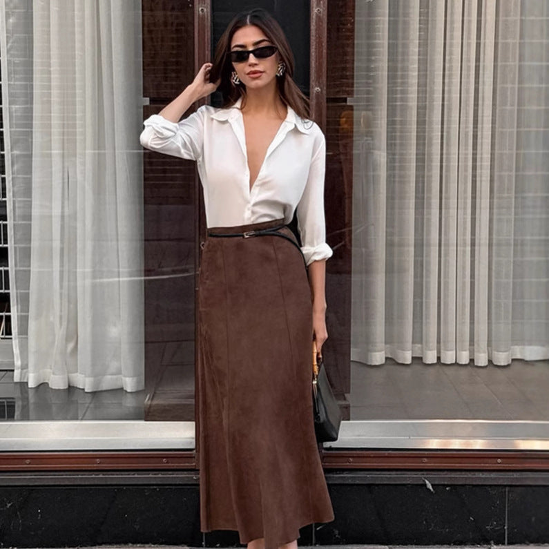 Brushed Velvet Brown High-Waist Straight Skirt