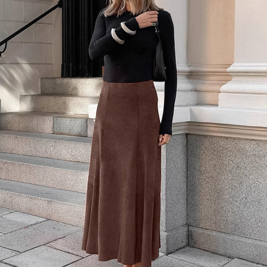 Brushed Velvet Brown High-Waist Straight Skirt