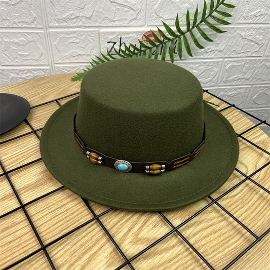 British Retro Woolen Wide Brim Hat (Army Green)