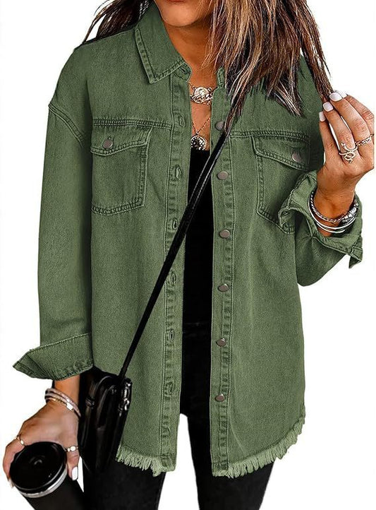 Ethereal Charm Denim Button-Up Jacket (Army Green)