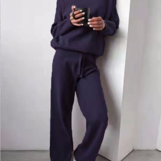 Timeless Turtleneck Drawstring Straight-Leg Pants Set (Navy Blue)