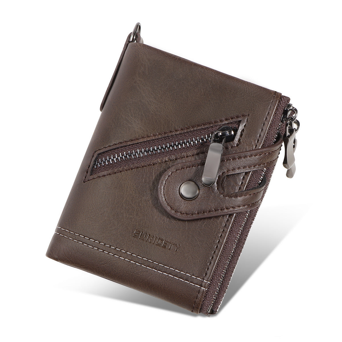 Refined Retro Men’s Double Zipper Leather Wallet (Brown)