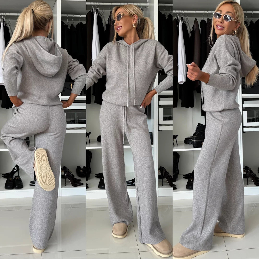 Zenith Chic Hooded Sweatshirt & Wide Leg Pants Set (White)