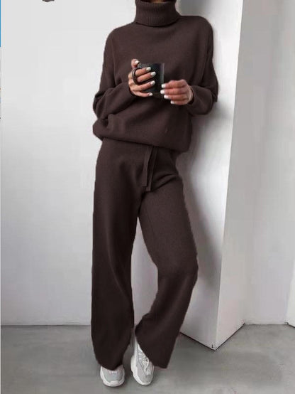 Timeless Turtleneck Drawstring Straight-Leg Pants Set (Light Grey)