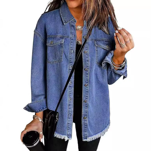 Ethereal Charm Denim Button-Up Jacket (Sapphire Blue)