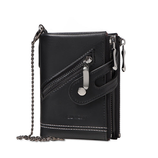 Refined Retro Men’s Double Zipper Leather Wallet (Black)