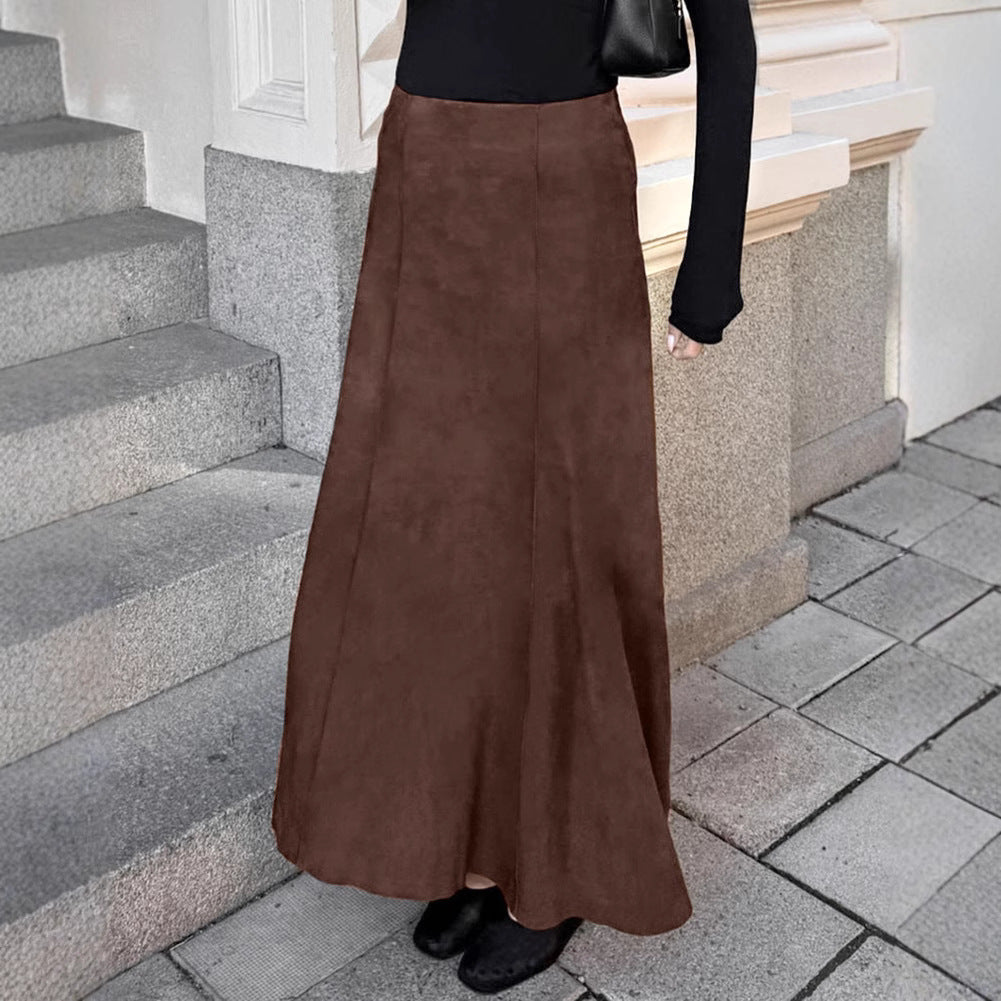 Brushed Velvet Brown High-Waist Straight Skirt