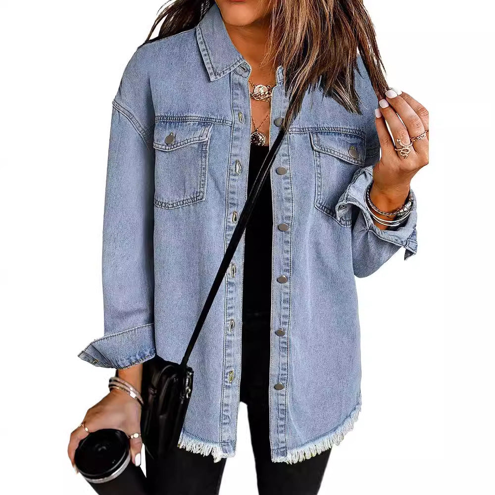 Ethereal Charm Denim Button-Up Jacket (Light Blue)