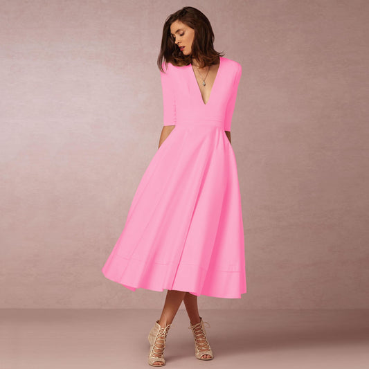 V-neck Dresses - Retro 60s Swing Sleeve (Pink)