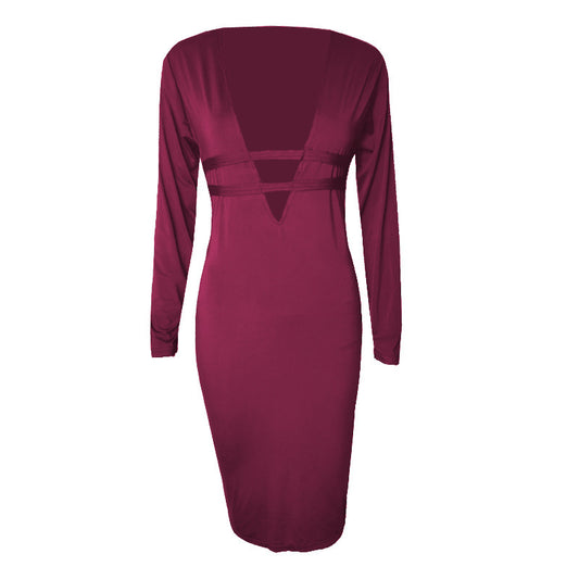 Violet Mirage Deep V Dress (Wine Red)