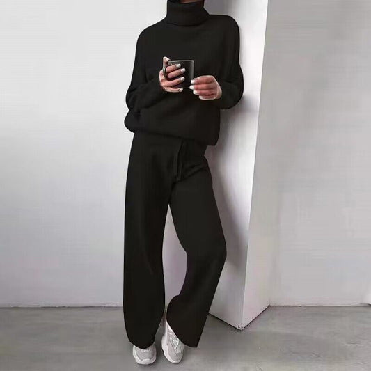 Timeless Turtleneck Drawstring Straight-Leg Pants Set (Black)