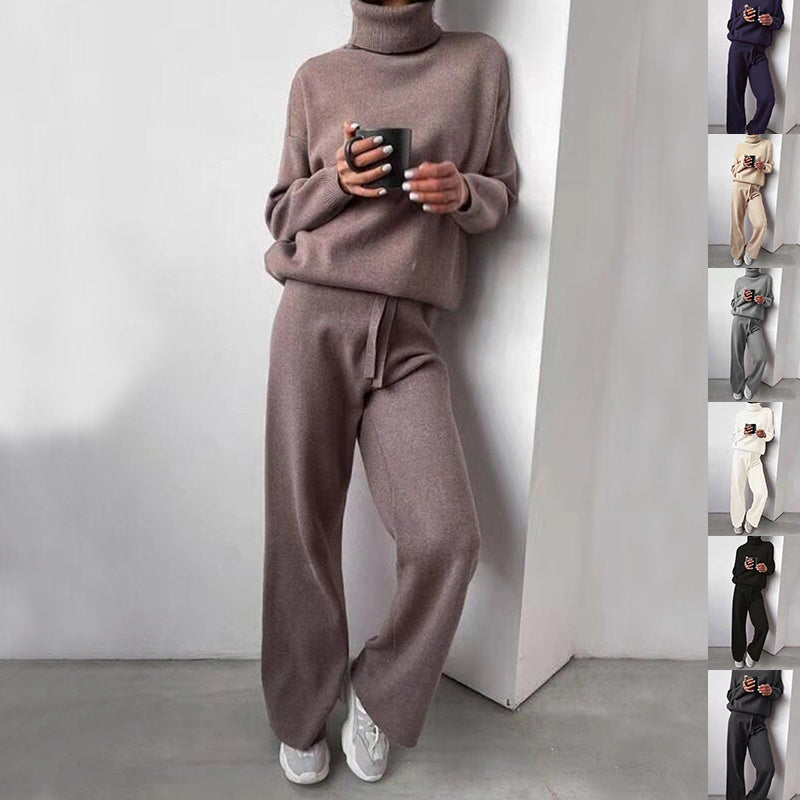 Timeless Turtleneck Drawstring Straight-Leg Pants Set (Light Grey)