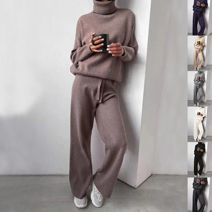 Timeless Turtleneck Drawstring Straight-Leg Pants Set (Light Grey)