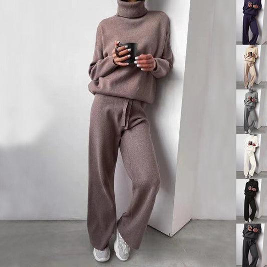 Timeless Turtleneck Drawstring Straight-Leg Pants Set (Coffee)