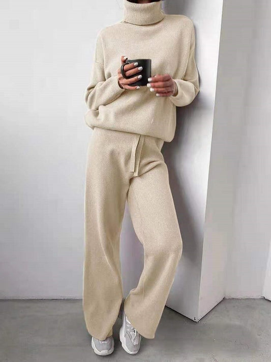 Timeless Turtleneck Drawstring Straight-Leg Pants Set (Apricot)