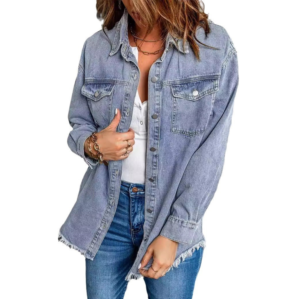 Ethereal Charm Denim Button-Up Jacket (Light Blue)