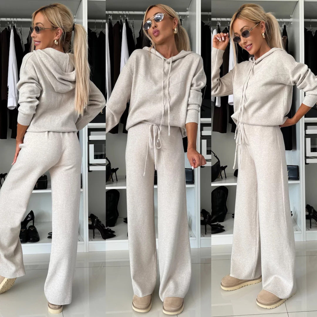 Zenith Chic Hooded Sweatshirt & Wide Leg Pants Set (White)