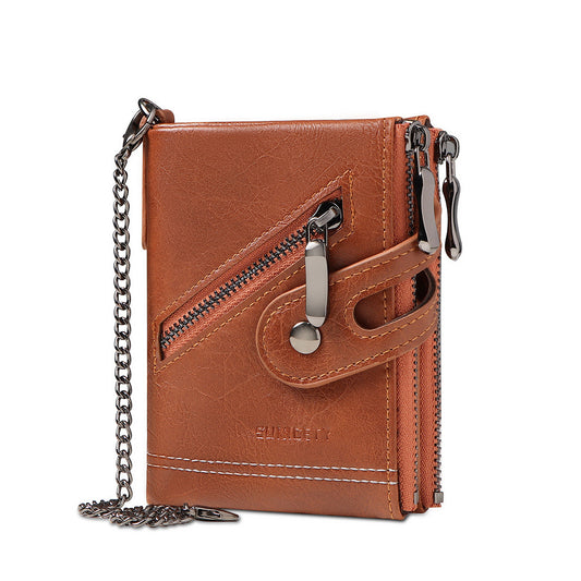 Refined Retro Men’s Double Zipper Leather Wallet (Brown)