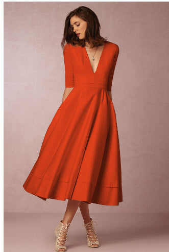 V-neck Dresses - Retro 60s Swing Sleeve (Orange)