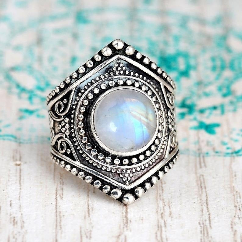 Lunar Embrace Geometric Moonstone Ring