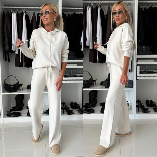 Zenith Chic Hooded Sweatshirt & Wide Leg Pants Set (White)