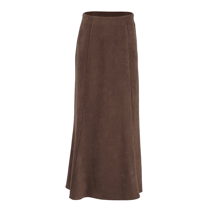 Brushed Velvet Brown High-Waist Straight Skirt