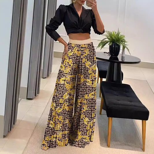 Autumn Reverie Printed Wide-Leg Trousers (Yellow Maze)