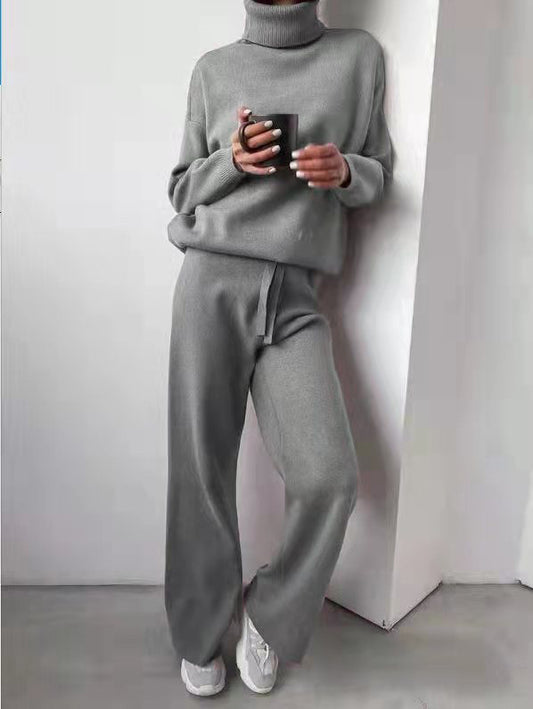 Timeless Turtleneck Drawstring Straight-Leg Pants Set (Light Grey)