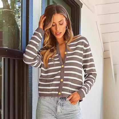 Ember's Whisper Striped Knit Jacket (Black and White)